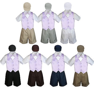 

Boy Toddler Formal Lilac Lavender Vest Bow Tie White Khaki Black Hat 5pc sz S-4T
