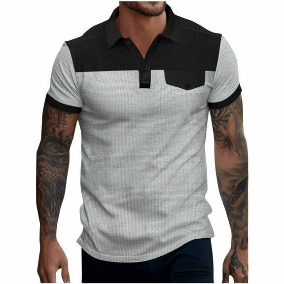 Shirts for Men 2025 Plus Size Fashion Leisure Button Mock Pocket Color Blocking Flip Collar Short Sleeve