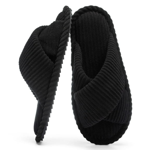 Goewy Women's Open Toe Slippers with Memory Foam, Anti-Skid Indoor Outdoor House Shoes, Fuzzy Corduroy, Black, Size 7-8
