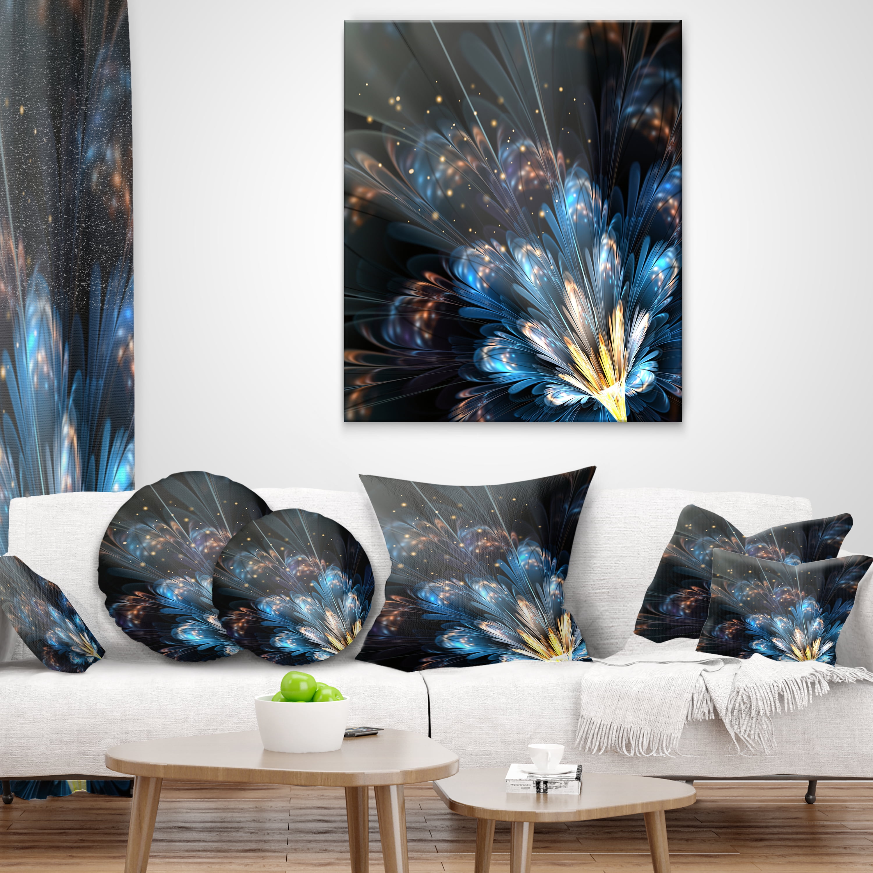 Designart Blue Flower with Golden Details - Floral Throw Pillow - 16x16