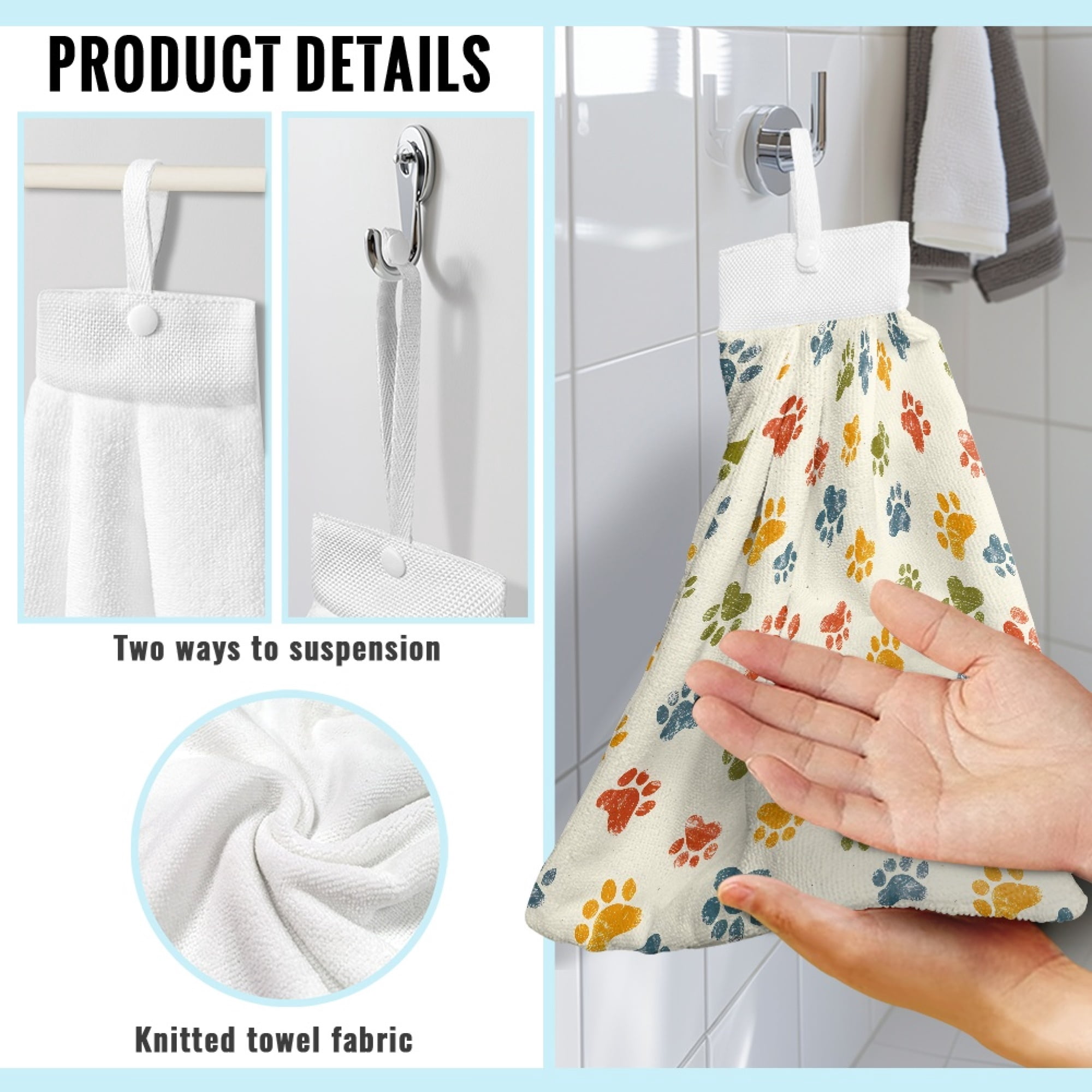 SEANATIVE Dog Paw Print Hanging Hand Towels for Kitchen Quick Dry Bathroom Hand Towels Set of 3 Tie Towel for Wiping Hands Fast Drying Hang Towel for Wiping Hands Cleaning Dishes or Countertops