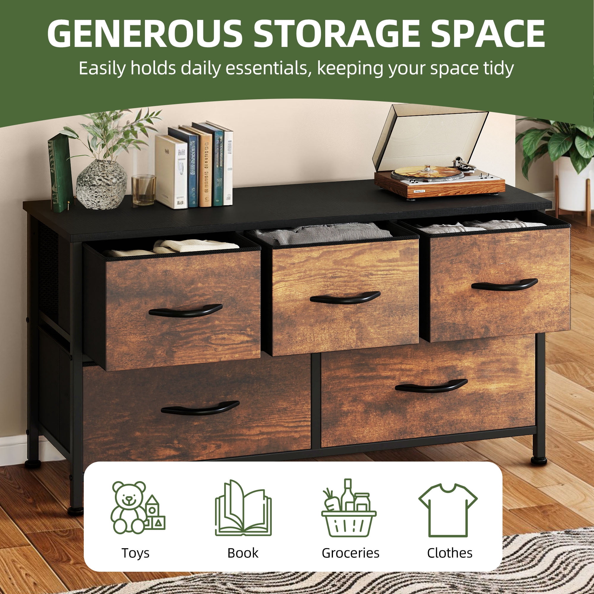 Uforic 5 Drawer Dresser for for Adult, Fabric Wide Chest of Drawers Nightstand Storage Tower Wooden Top, Brown