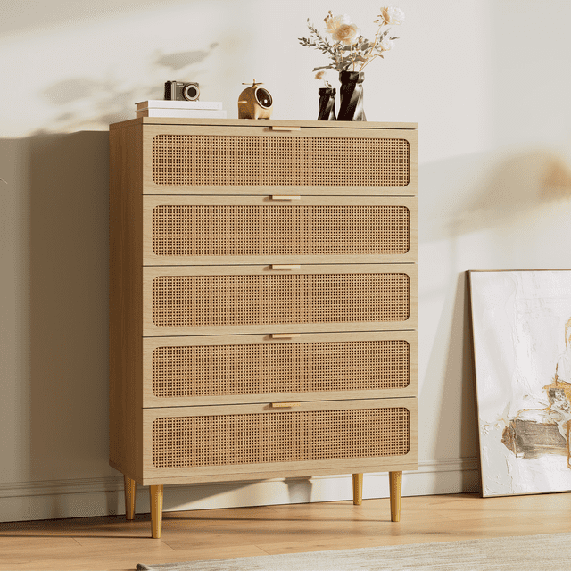 Commode en Rotin avec 5 Tiroirs, Haute Commode Moderne avec Rangement Profond et Grand Dessus, Commode en Bois pour Chambre, Salon, Couloir
