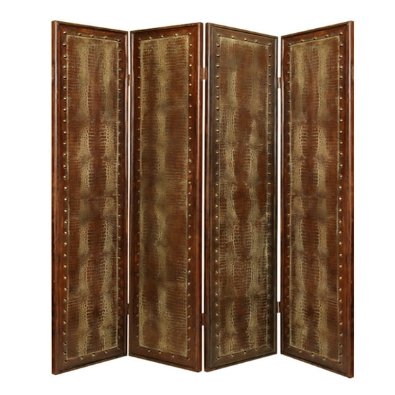Wooden 4 Panel Floor Screen with Nailhead Trim Accents, Brown - Saltoro Sherpi