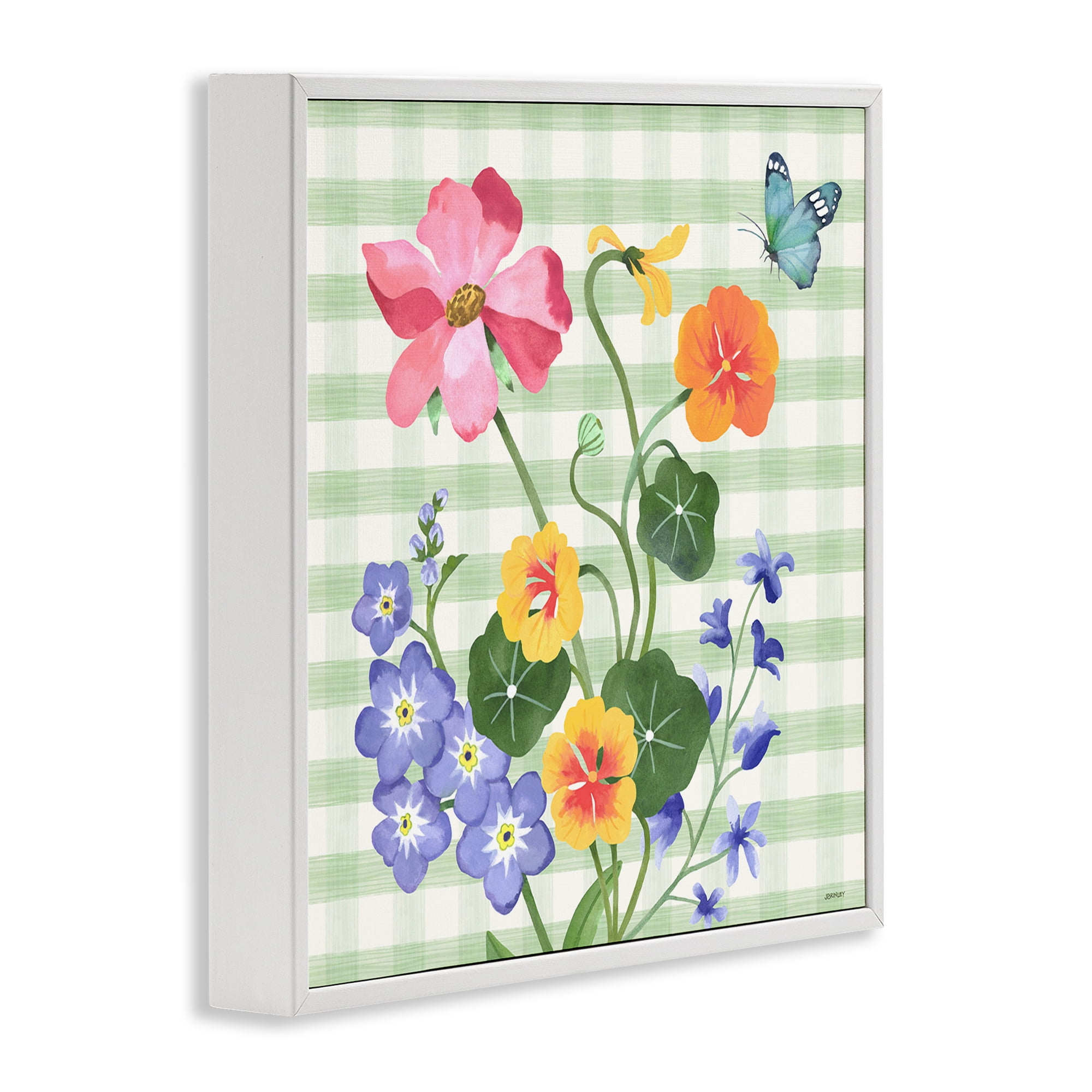 Stupell Industries Gingham Garden Flowers Botanical & Floral Painting White Framed Art Print Wall Art, 17 x 17