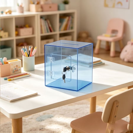 Acrylic Clear Piggy Bank with Lock for Adults 6X5X8 Money Saving Box Openable Coin Bank Reusable Change Jar for Cash Coin Real Money - Blue