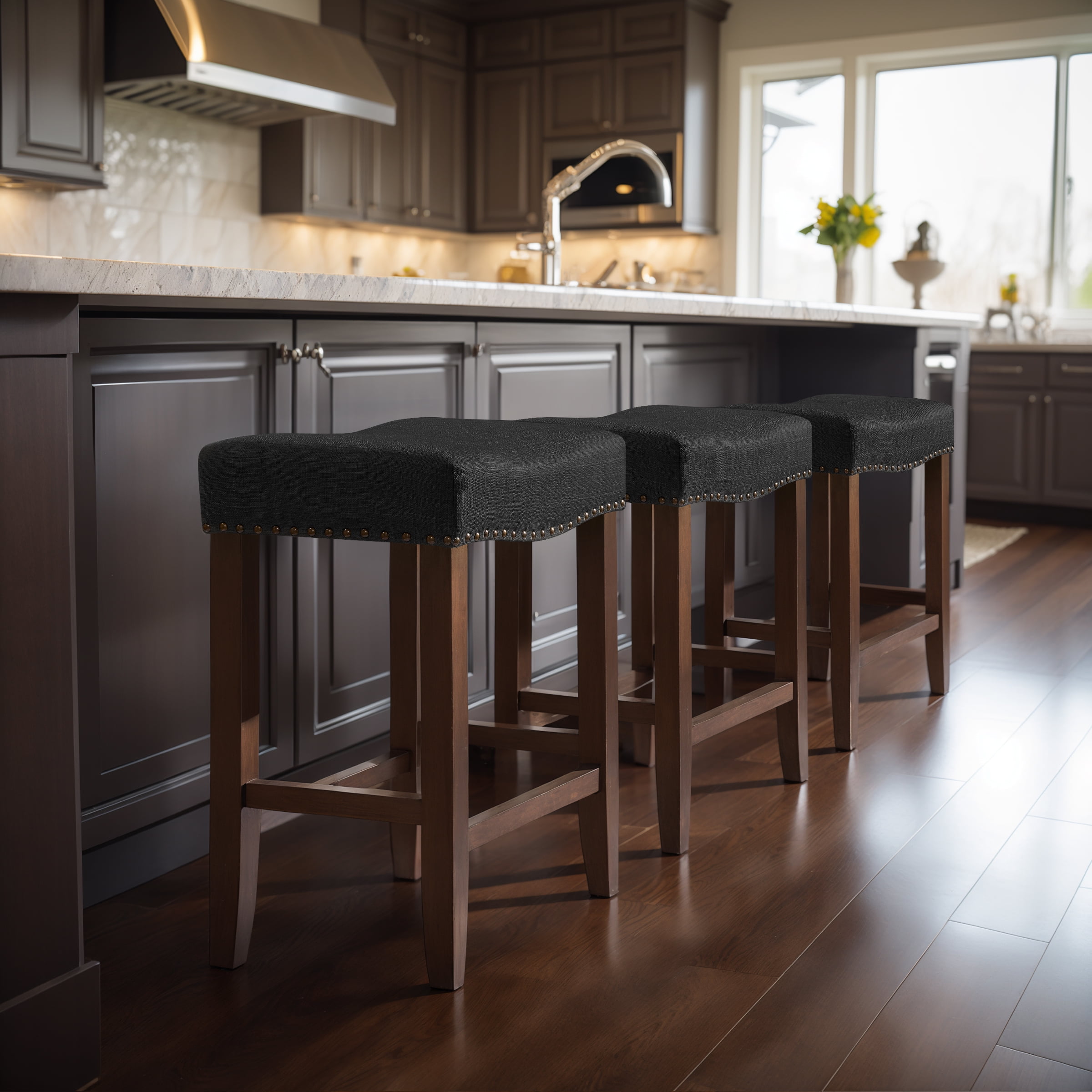 Subrtex 24" Backless Bar Stool, Wood Upholstered Counter Stool for Kitchen, Set of 2, Black
