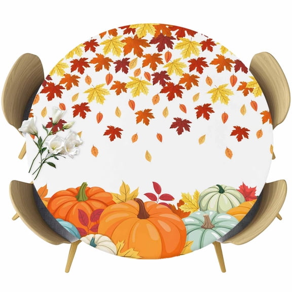 Fall Orange Pumpkins Round Tablecloth, Fitted Table Cover with Elastic for 55"-60" Round Tables, Thanksgiving Farmhouse Maple Leaf Table Cloth Outdoor Indoor Dinning Party Waterproof Tablecloths