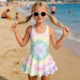 thumbnail image 3 of COEQINE Soft Stretchy Girls One Piece Swimsuit, Tank Neck Tankini Style with Full Coverage Skirt and Wide Straps, Beach Bathing Suit for Girls 3-4 Years, Tie-dye Swirl Print, 3 of 8