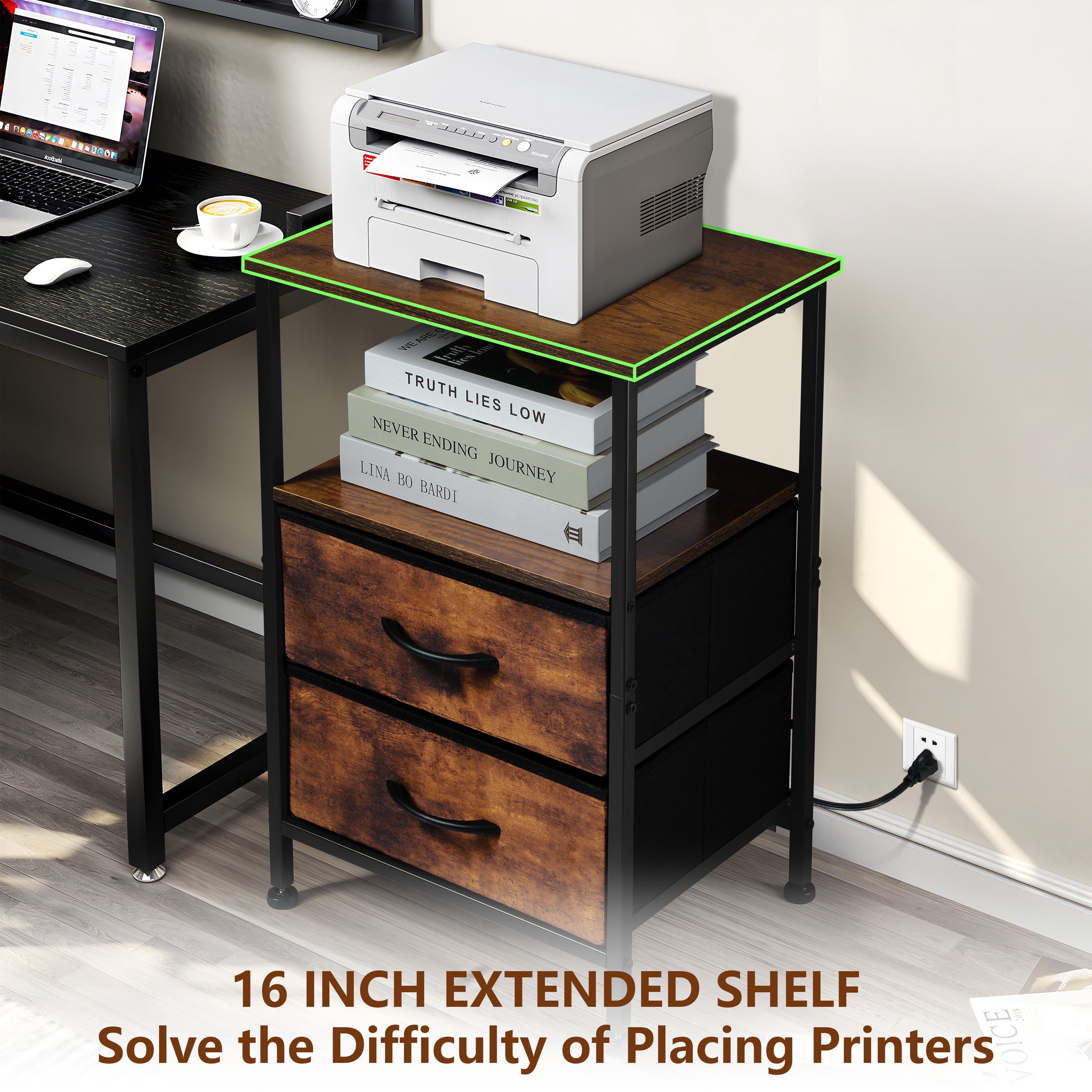 Coliware File Cabinet with Charging Station, Wood Printer Stand with Drawer Storage Shelves, Filing Organization Fits A4 Letter Size, Home Office Furniture for Under Desk Storage - Rustic Brown