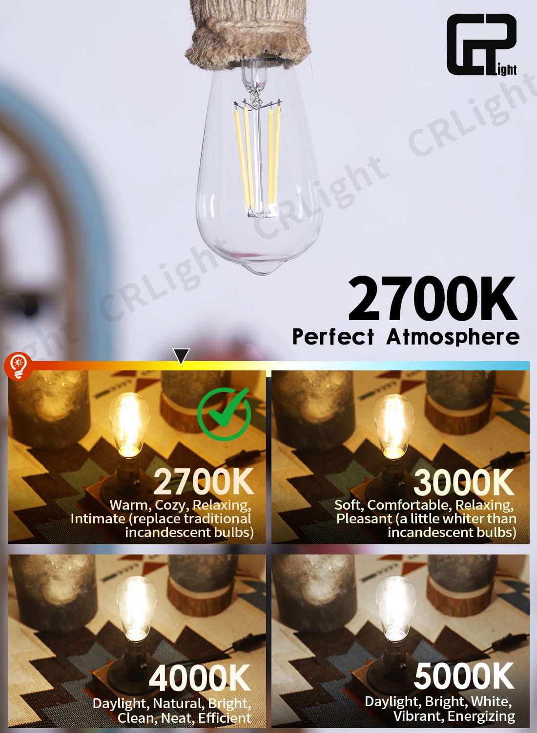 CRLight 8 Pack​​ Vintage Dimmable LED Edison Bulbs, 2700K Warm White 8W 800LM Equivalent 80W Incandescent, E26 ST58 = ST19 Clear Glass ​​Antique Decorative Filament Light