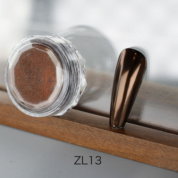 Polvos pigmentados cromados con efecto espejo marrón café estilo Maillard para manicura con aplicadores de esponja. Polvos mágicos con efecto espejo.