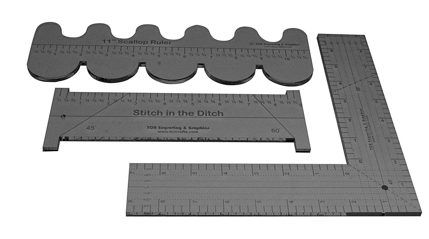 3 Ruler Set -11" Scallop, 9" Stitch in The Ditch, 9" L-Shaped 1/4"- Clear Acrylic - Quilting/Sewing