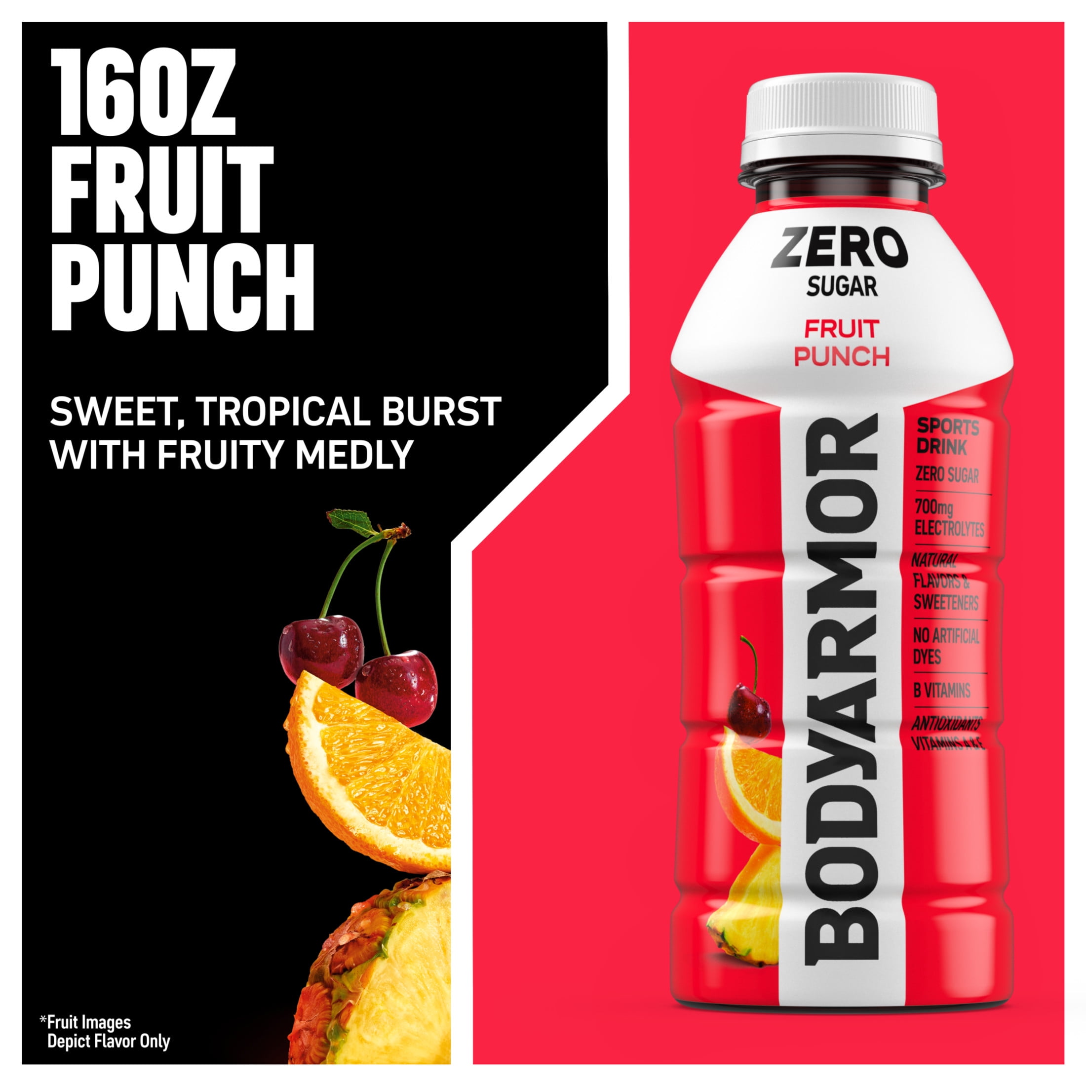BODYARMOR Zero Sugar Fruit Punch Electrolyte Sports Drink, 16 fl oz, 12 Pack Bottles