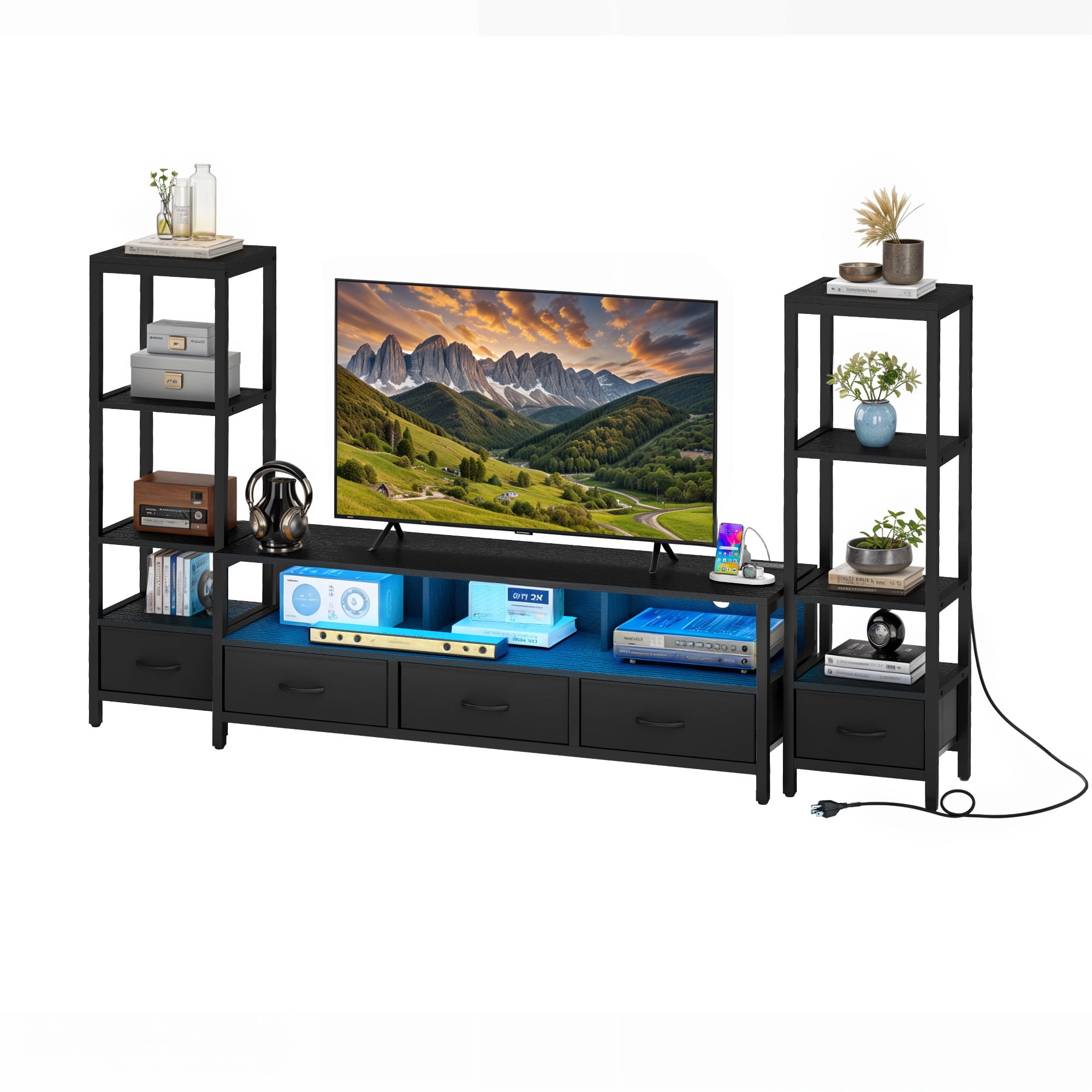 Uforic Modern Rustic Wood Metal Frame TV Stand with Remote Control LED Lights, USB Ports, Multi-Layer Storage Shelves & Fabric Drawers for Home Living Room, Black