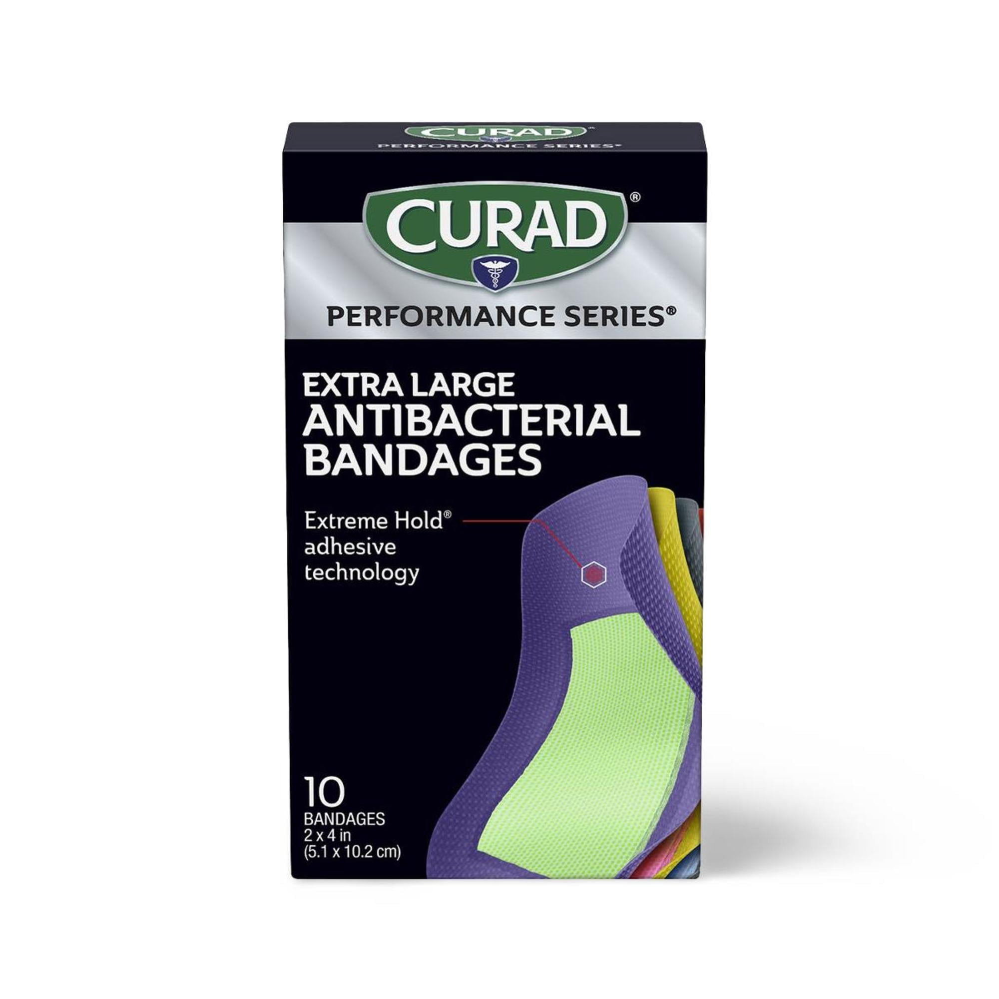 CURAD® Performance Series® Antibacterial Bandages, Extreme Hold Adhesive Technology, Extra Large Flexible Fabric Bandages, Assorted Colors, 2 in x 4 in, Box of 10