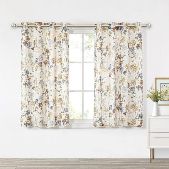 Linen Floral Curtains & Drapes 63 Inch Long 2 Panels Semi Sheer Light Filtering Privacy Flower Print Grommet Window Treatments for Kitchen Bedroom, 52" Wide Each Panel, 2 Pcs, Yellow