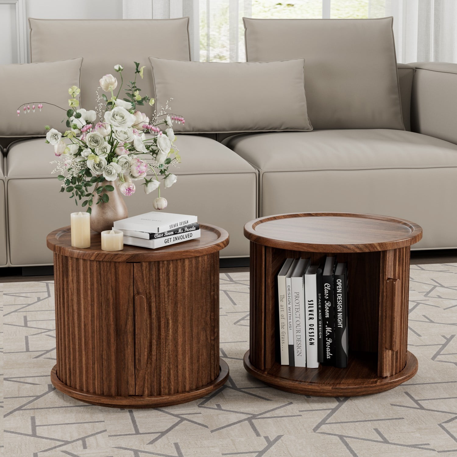 Set of 2 Round Coffee Tables with Sliding Door Storage, Modern Walnut Nesting Side Tables, Fluted Roman Column Accent End Tables & Nightstands for Living Room, Bedroom