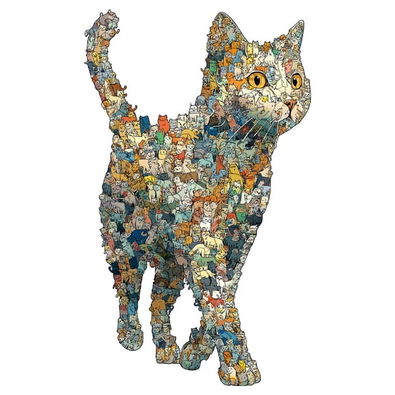 Cat Shaped Wooden Jigsaw Puzzle For Adults, Unique Animal Irregular Pieces, 5A Difficulty Colorful Cat Collage Puzzle, Eco-Friendly Wood, Laser Cut, Family Game & Home Decor Gift For Cat Lovers
