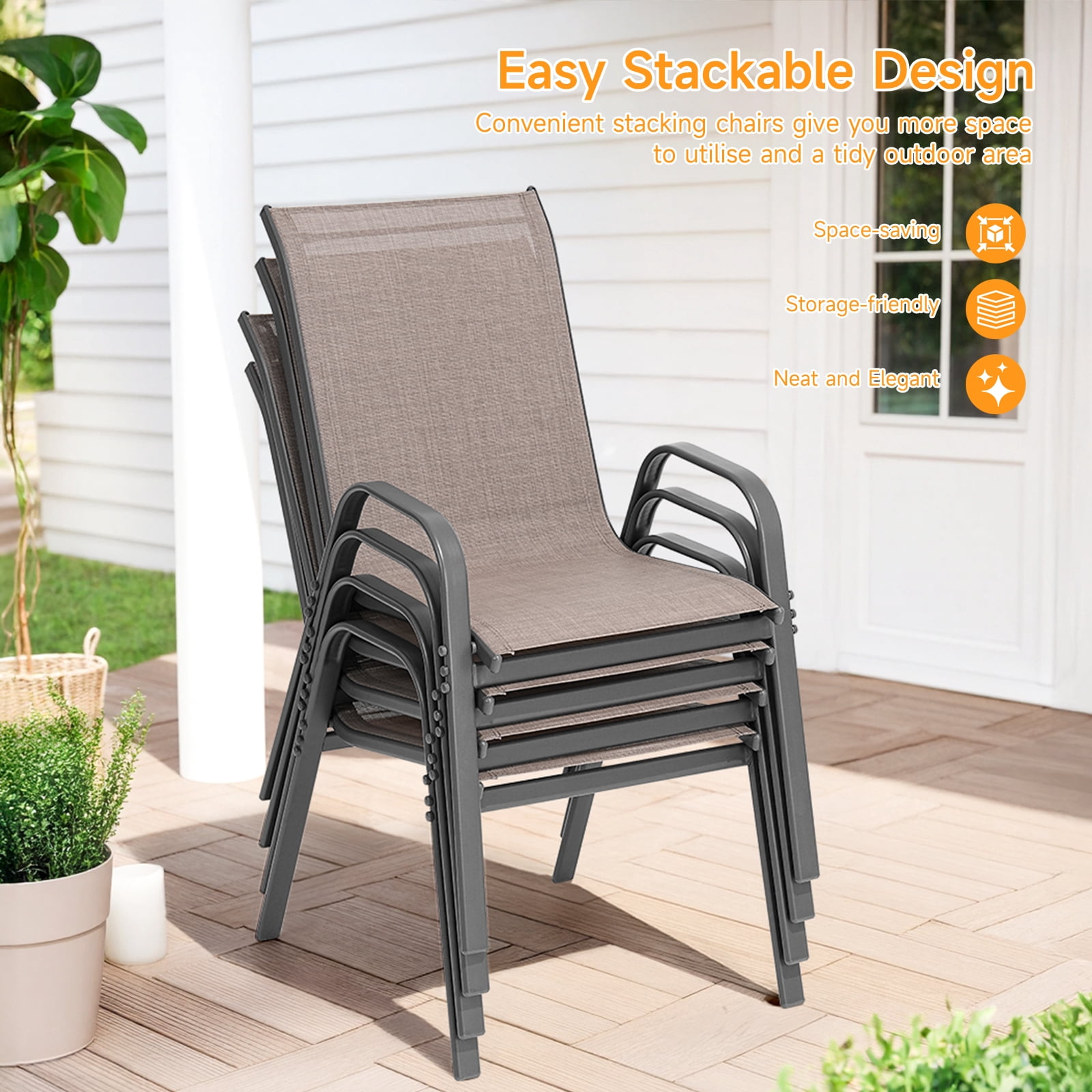 Dovov Outdoor Patio Dining Chairs Set of 6, Stackable Patio Chairs Textilene Outdoor High Back Armchairs, Brown