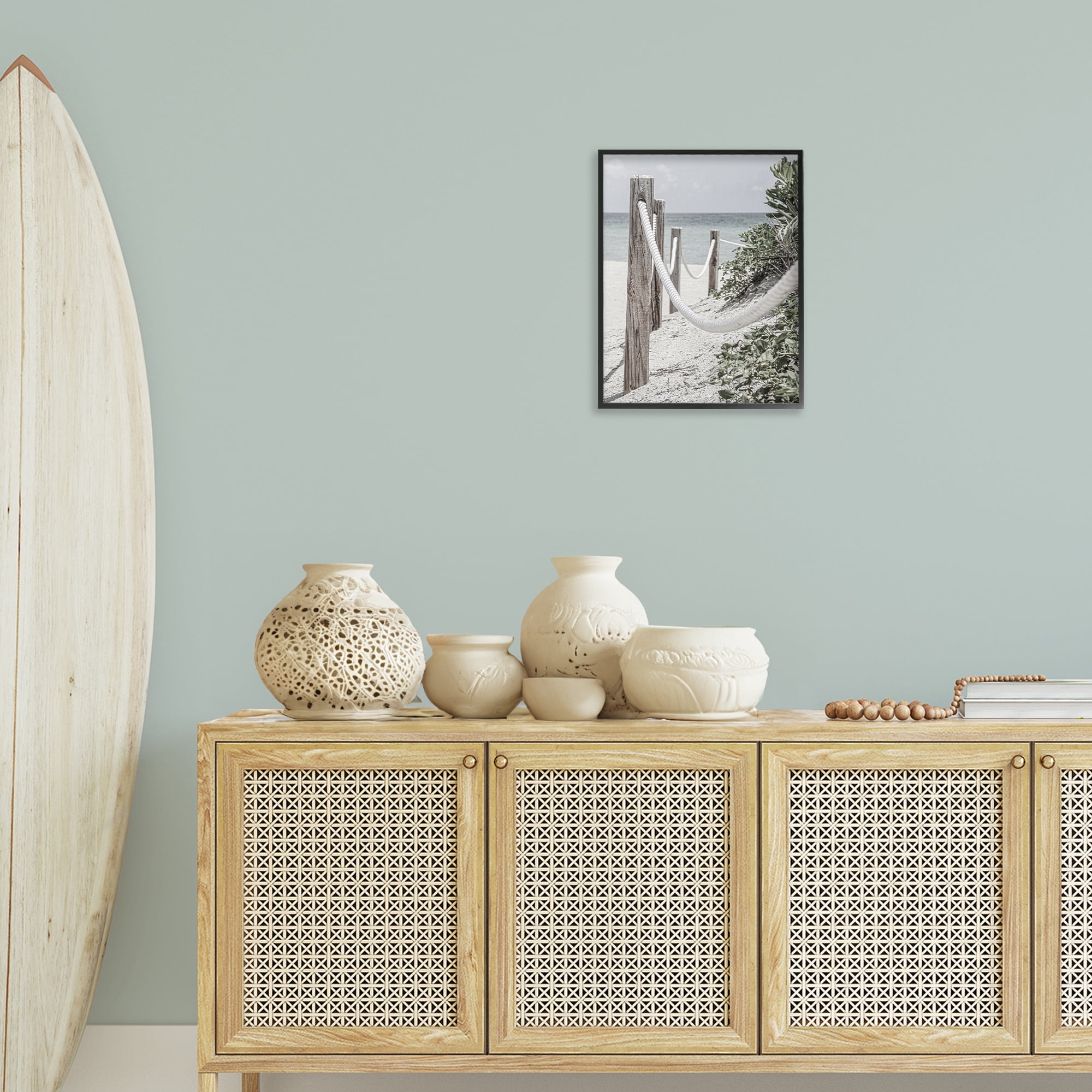 Stupell Industries Rope Fence Beach Landscape Photography Black Framed Art Print Wall Art, 16 x 20