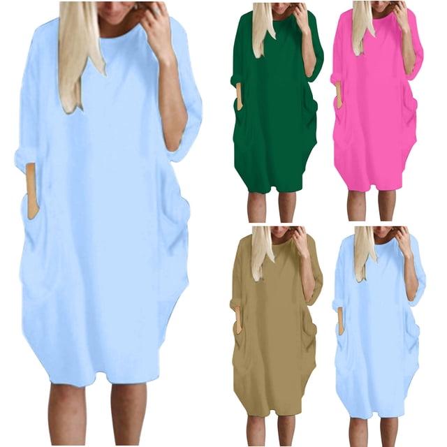 Gspmoly Robes pour Femmes, Robe Ample avec Poches pour Femmes, Col pour Dames, Hauts Longs Décontractés, Robe Grande Taille, Robes de Vacances pour Femmes jusqu'à 65 % de Rabais