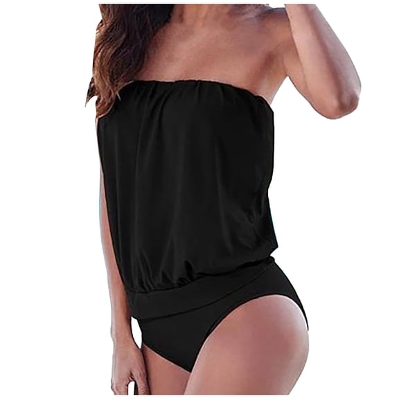 YIFUNIN Women's Solid Color Off Shoulder Tube Top One Piece Swimsuit Sexy Ruched Detail for Women Summer Beach Vacation Pool Swimming,Black 3XL