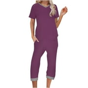 Womens Pajamas Set Short Sleeve V Neck Top with Capri Pants with Pockets Casual Sleepwear Pjs Loungewear Sets S-XXL