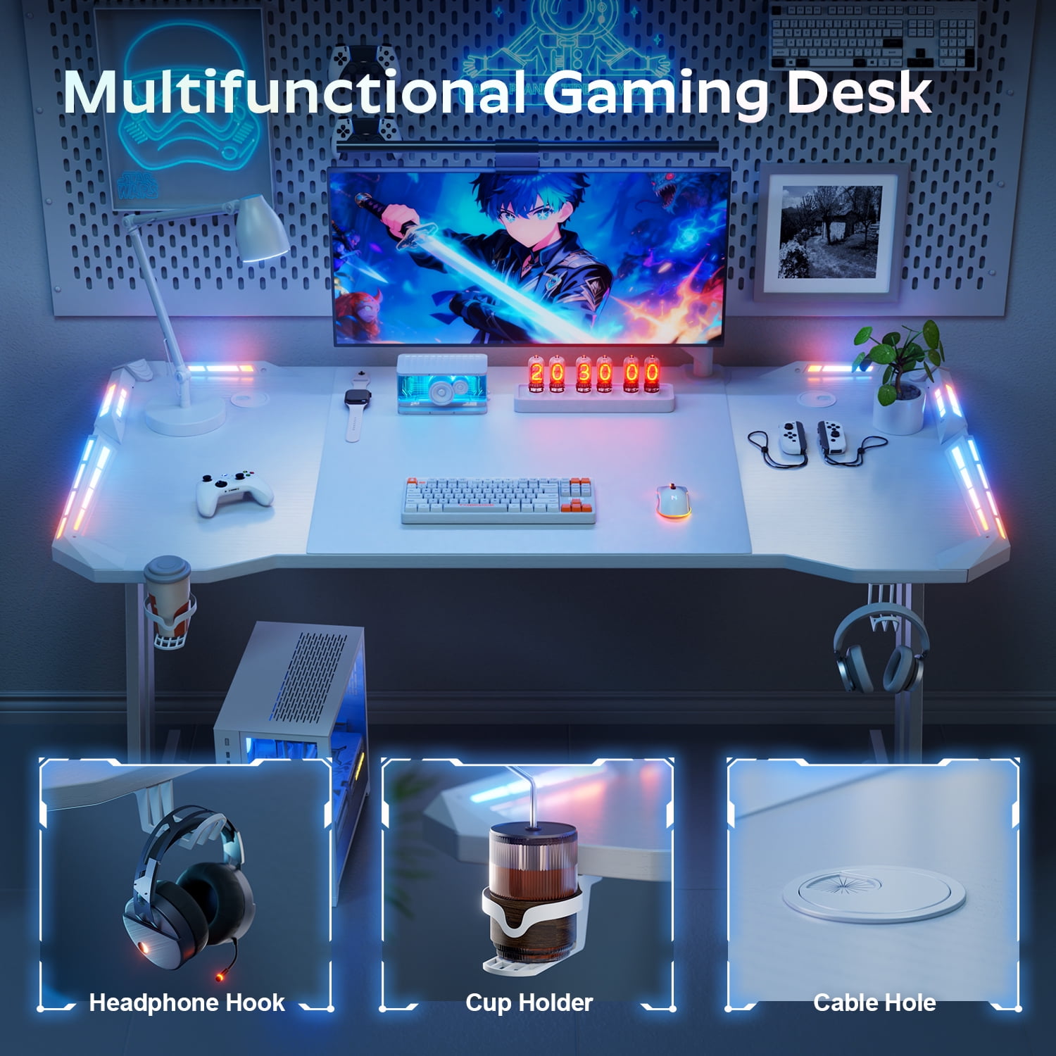 HLDIRECT 47 Inch Gaming Desk with LED Lights Carbon Fibre Surface Gaming Table Large Computer Desk Ergonomic Home Office Desks Z Shaped PC Gamer Workstations with Cup Holder & Headphone Hook White