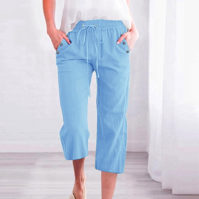 Women's Solid Color Linen Blend 7/8 Pants Loose Fit Casual Trousers With Pockets Ladies Sweat Pants Cute Sweatpants Teen Sweatpants Womens Casual Loose Ripped Denim Pants plus Size Womens Pants Casual