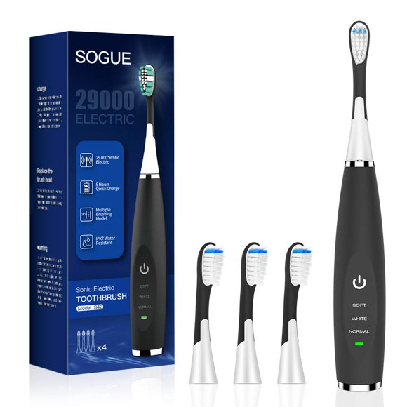 YAGHVEO Brosse à Dents Électrique, Puissance de Charge Forte, Efficace pour Nettoyer les Dents, 4 Têtes de Brosse de Rechange (Noir)