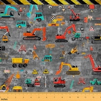 Homewish Equipment Truck Fabric by the Yard 1 Yard,Kids Excavator Home Decor Fabric by the Yard,Orange Blue Yellow Sewing Fabric For Boys Teens,Breathable Home Decor