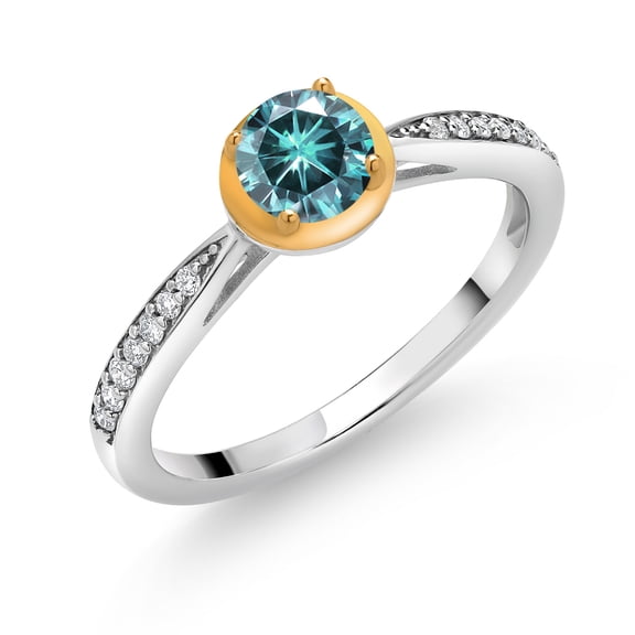 Gem Stone King 925 Silver and 10K Yellow Gold Ring Blue Moissanite and Lab Grown Diamond (0.60 Cttw, Size 5)