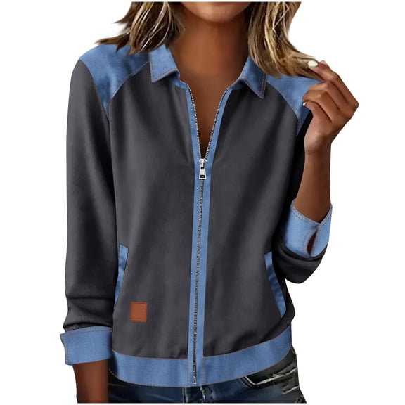 FDGIU Women's Zip Up Patchwork Shirt - Long Sleeve Denim Collar Blouse