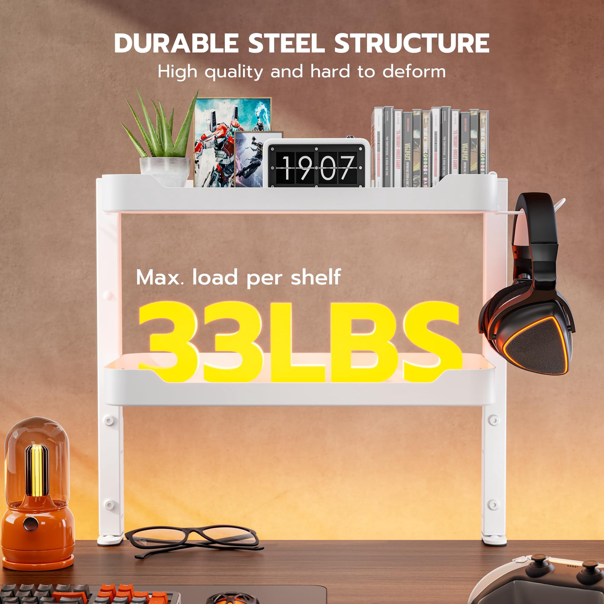 2-tier Clamp On Desk Shelf  16 Inch Adjustable Above Or Under Storage Shelves Holds 66 Lbs Heavy Duty Desktop Organizer With Headphone Holder For Working And Gaming Accessories White