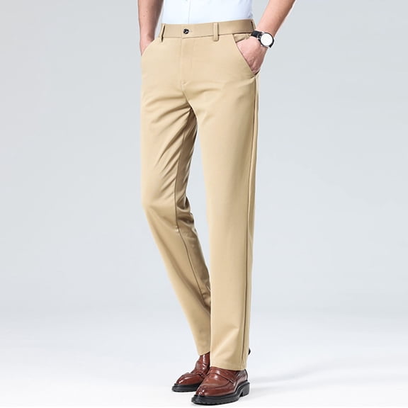 Royisotas Mens Summer Pants Work Business Cotton Elastic Waist Straight Leg Pants for Men