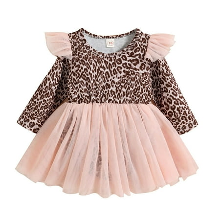 

Girls Long Sleeve Leopard Prints Tulle Romper Bodysuits Dress Headbands Set Mariners Baby Girl