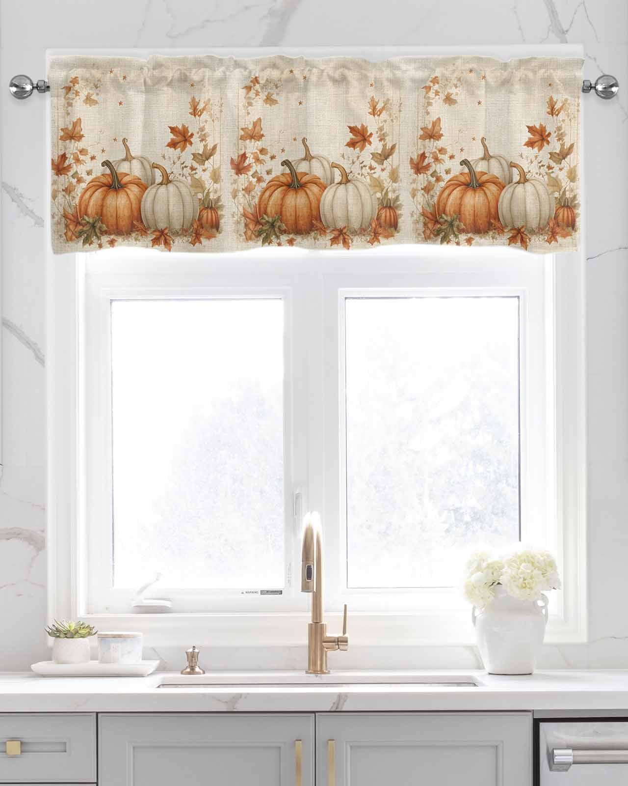 Thanksgiving Pumpkins Kitchen Valances for Windows Farmhouse Linen Window Valance Curtain for Living Room Window Treatment Fall Maple Leaves Rustic Vintage Valance Rod Pocket Topper, 54 x 18 Inch
