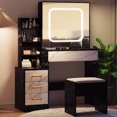 thumbnail image 3 of Gaderth Vanity Desk With Sliding LED Mirror And Power Outlet, Makeup Dressing Table With 4 Drawers, Storage Shelves And Stool, 3 Color Lighting Modes, Bedroom Vanity Set With USB Ports, 3 of 8
