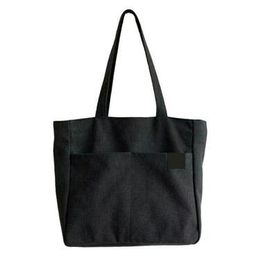 Canvas Bag Solid Color Double Front Pockets Large Capacity Wear Resistant Lightweight for School Shopping Black Free Size