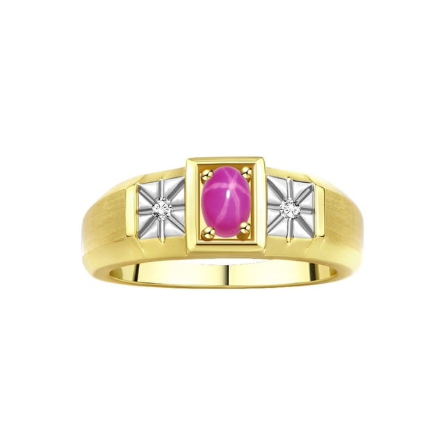 RYLOS Men's Rings 14K Yellow Gold Classic 6X4MM Oval Gemstone & Diamond Ring Star Ruby July Birthstone Rings For Men, Gold Rings Size 13