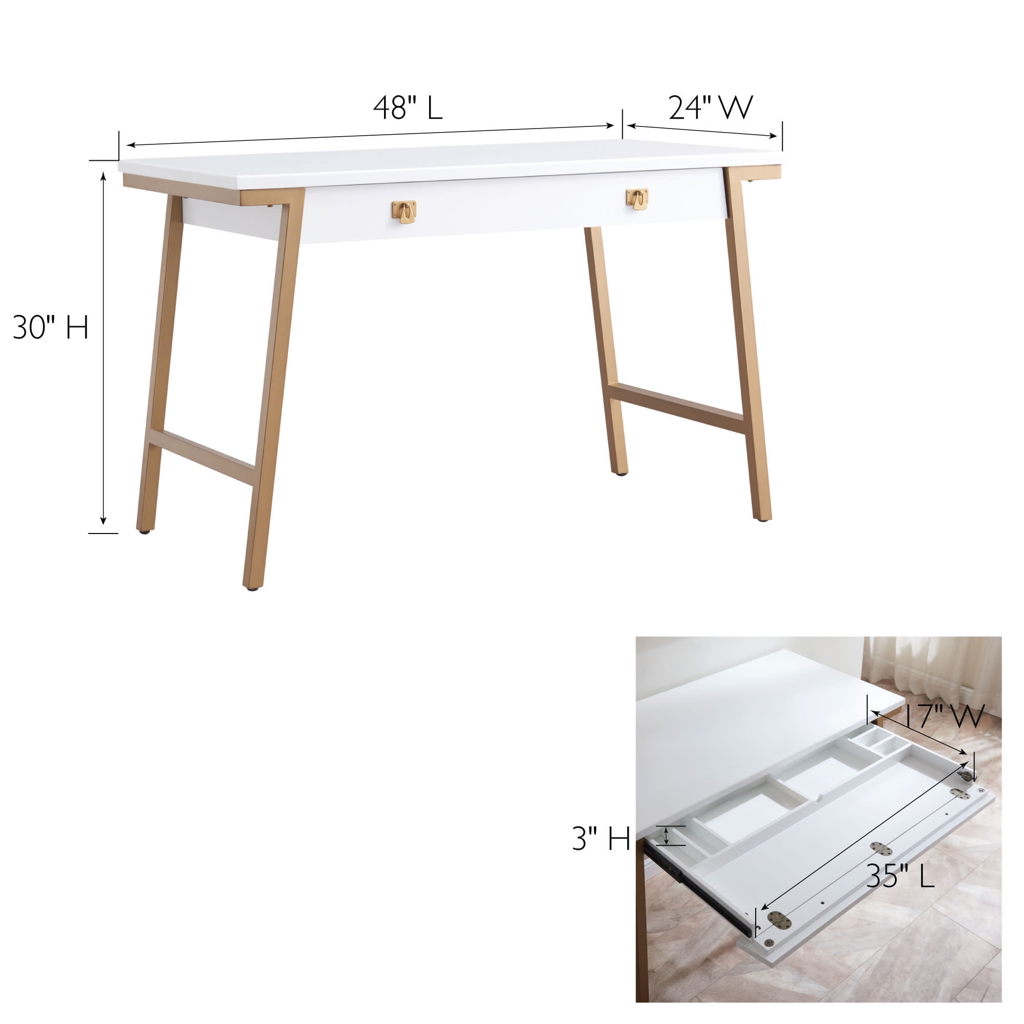 Leick Home Empiria Wood and Metal Computer Desk with Keyboard Drawer, White/Gold