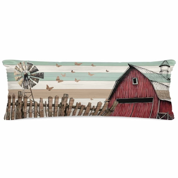 Windmill Farmhouse Satin Pillowcase for Hair and Skin with Zipper, Soft Breathable Cooling Silk Pillow Cases, Vintage Teal Brown Wooden Butterfly Body Pillow Covers Bed Pillows 20"x54"