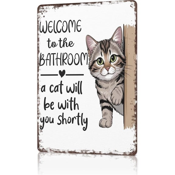 Funny Welcome to the Bathroom Cat Sign, Vintage Metal Tin Wall Plaque, Humorous Cat Picture Bathroom Decor for Home Restroom, 8 x 12 Inch