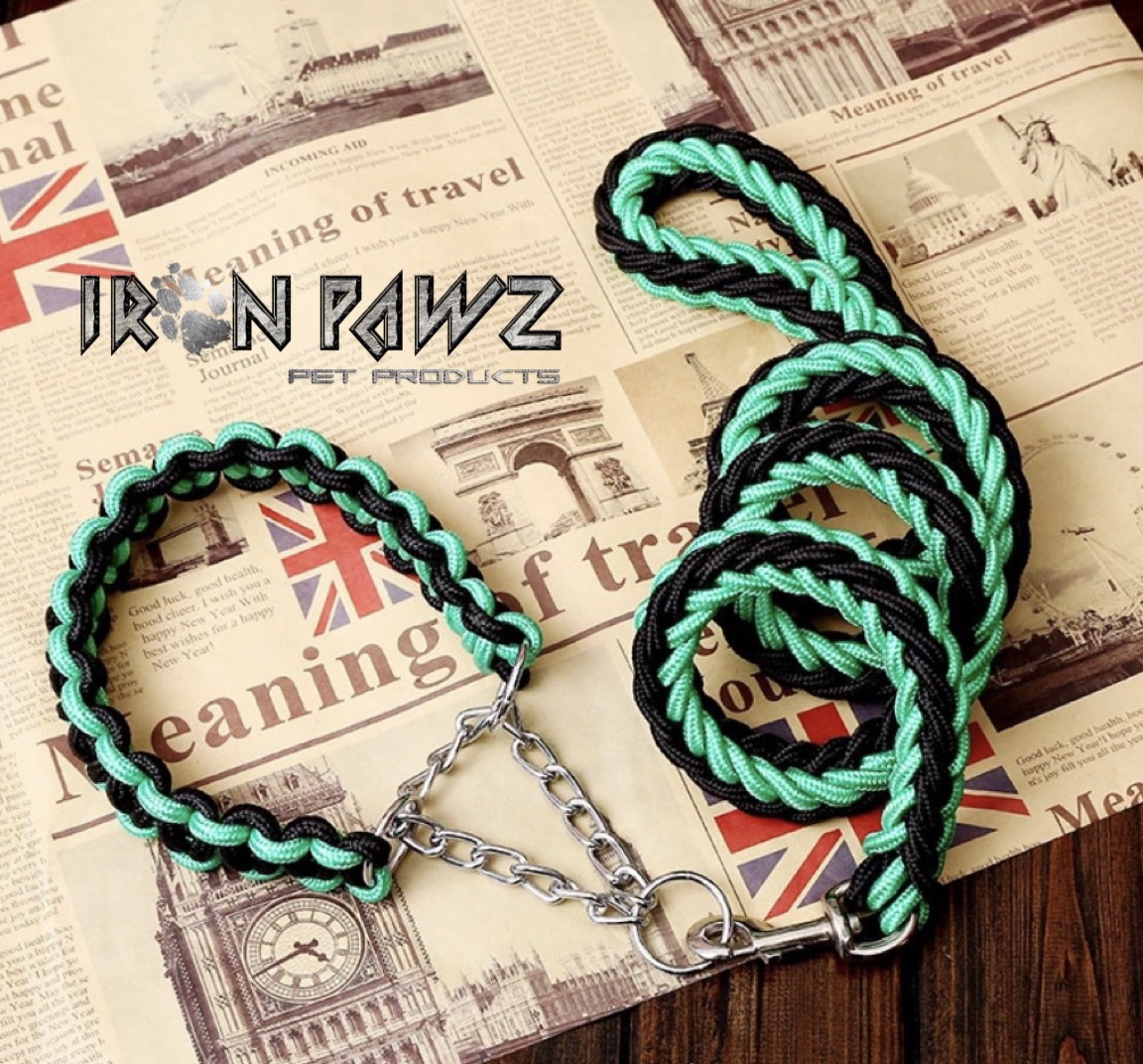 Iron Pawz Heavy Duty Professional Training Leather Dog Leash and Collar Set Black