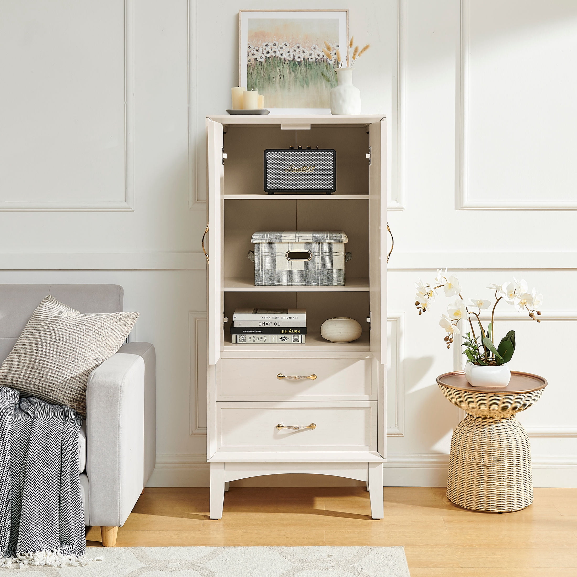 GDF Studio 53.5" Kitchen Pantry Storage Cabinet with Doors, Drawers and Adjustable Shelves, Antique White