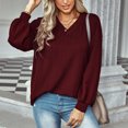 thumbnail image 3 of Gibobby Suéter térmico de manga larga para mujer Mujeres Casual Soild Color Manga larga Crochet Tops V Cuello de punto Jacquard Out Pullover Suéteres (Vino, L), 3 of 5