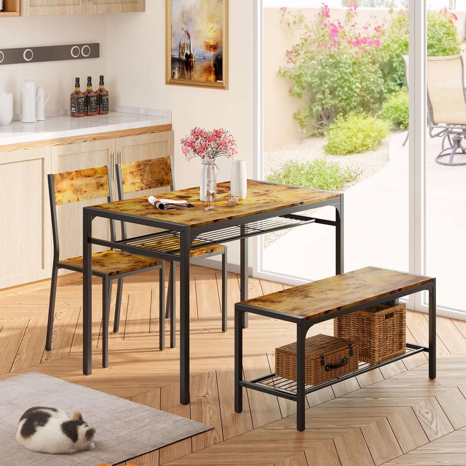 Lofka Kitchen Table Set for 4 with 1 Table & 2 Chairs & 1 Bench, Modern Small Dining Room Set for Small Spaces, Retro