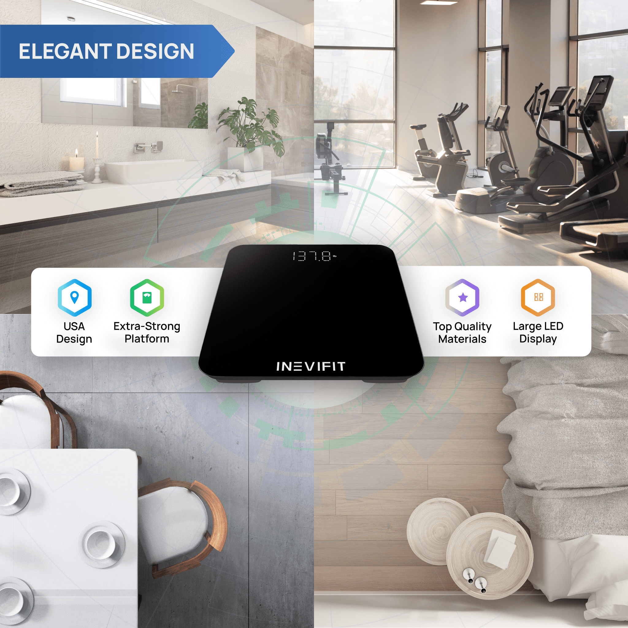 INEVIFIT Smart Premium Bathroom Scale with Bluetooth and Free Tracking INEVIFIT APP 11.8 x 11.8 inch - Black
