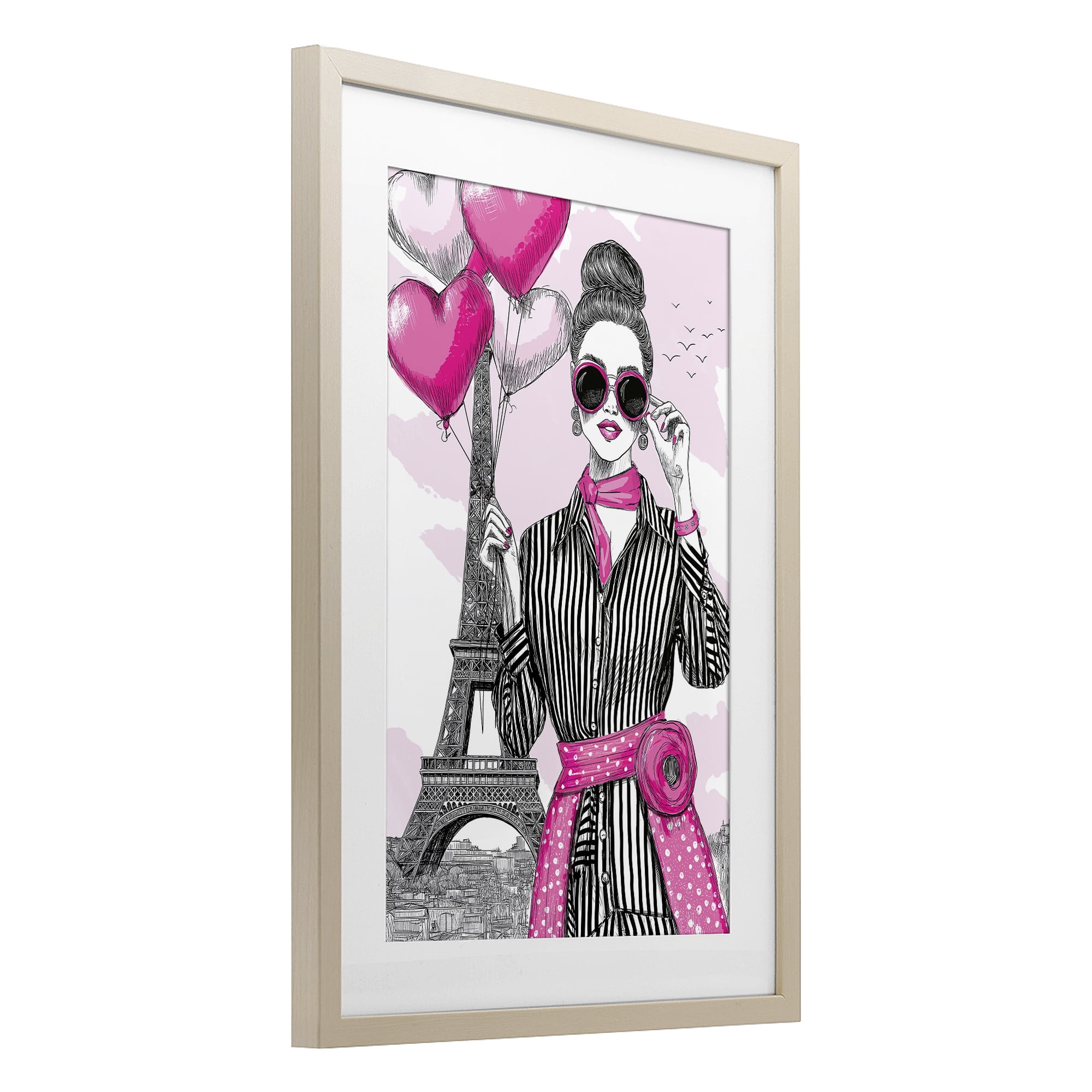 Stupell Industries Parisian Chic Woman with Balloons Birch Framed Print Under Glass, design by Jess Stempel